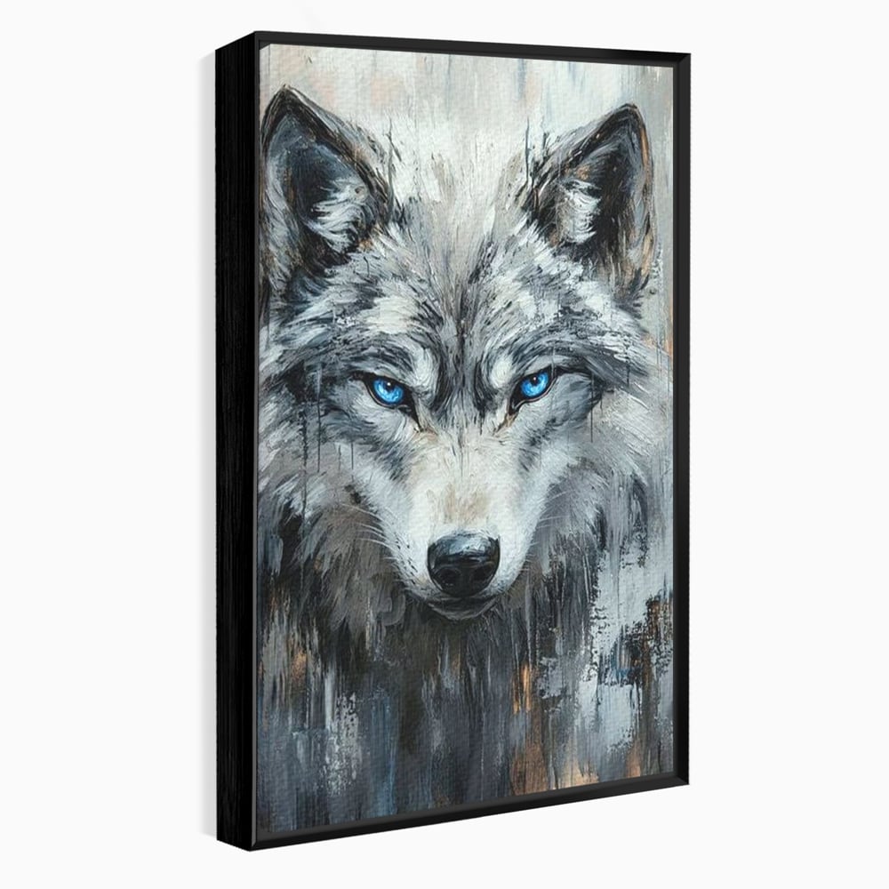 Tablou canvas cu tablou canvas cu portret de lup, in rama de aluminiu negru